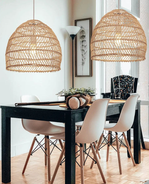 Dining room with Rattan Chandelier Pendant Light Fixture With Handmade Basket Shade For Farmhouse Decor Wicker Hanging Lamp