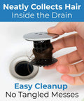 Kick Clogged Tubs To The Curb With This Game Changing Hair Catcher Combo Pack features a silicone stopper collecting hair in a drain.
