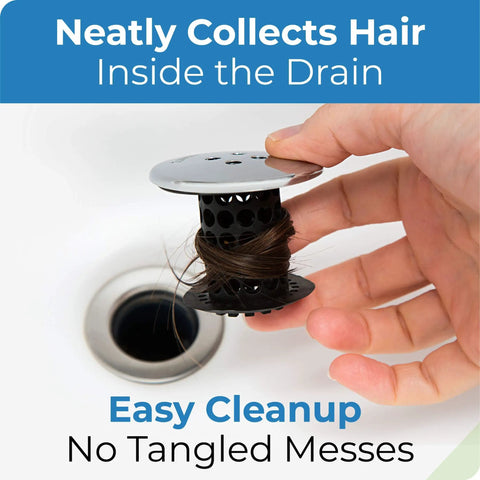 Kick Clogged Tubs To The Curb With This Game Changing Hair Catcher Combo Pack features a silicone stopper collecting hair in a drain.