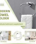 Slick Premium Chrome Square Hand Towel Ring For Bathroom Sink Wall Mounted Heavy Duty Rust Resistant Quick Dry Space Saver Solid Bracket Tight Pro Style with a white towel.