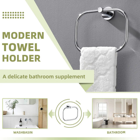 Slick Premium Chrome Square Hand Towel Ring For Bathroom Sink Wall Mounted Heavy Duty Rust Resistant Quick Dry Space Saver Solid Bracket Tight Pro Style with a white towel.