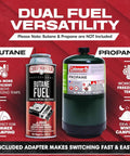 Dual Fuel Camp Stove with 12,000 BTU for Camping And Emergencies, image showing butane and propane cylinders for usage.