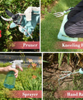 11 Piece Floral Garden Tool Set With Non Slip Handles Heavy Duty Hand Tools Kit Includes Tote Gloves Knee Pad Sprayer And Towel Sweet Gift For Women Moms Birthday shown with pruner, kneeling pad, sprayer, and hand rake in use.