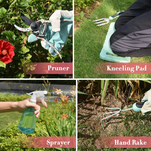 11 Piece Floral Garden Tool Set With Non Slip Handles Heavy Duty Hand Tools Kit Includes Tote Gloves Knee Pad Sprayer And Towel Sweet Gift For Women Moms Birthday shown with pruner, kneeling pad, sprayer, and hand rake in use.