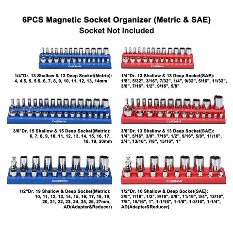 Six Piece Magnetic Socket Organizer Kit For 1/4 Inch, 3/8 Inch, And 1/2 Inch Drives, Red And Blue Socket Holder Holds Up To 143 SAE And Metric Sockets, Rubberized Magnetic Base Protects Surfaces, Pro Grade Durable PP Plastic