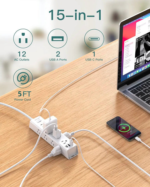 12 Outlet Surge Protector Power Strip With 5 Ft Flat Plug, 3 USB Ports, Wide Space Sockets For Big Adapters in home office setup