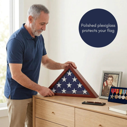 Man placing flag in Small Folded Flag Display Case For 3x5 Ceremonial Flags Not For Burial Flag, Mahogany Woodgrain Finish, on dresser