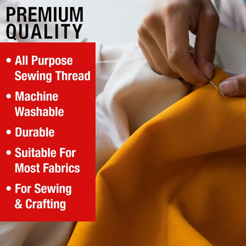 Person sewing with premium quality polyester thread on yellow fabric; includes all-in-one kit for DIY repairs and crafts.