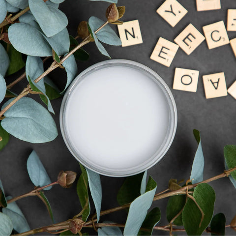 Top view of Manatee Gray Chalk Finish Furniture Paint for DIY Lovers surrounded by eucalyptus and Scrabble tiles