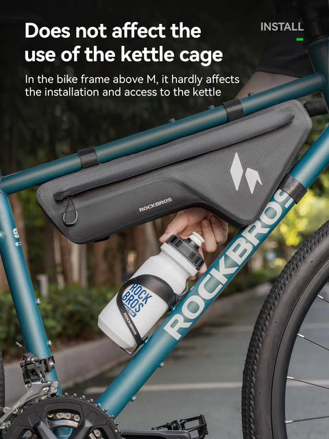 Waterproof Bike Frame Bag With Seamless One Piece Construction Front Bag installed on a bicycle, showing bottle cage compatibility.
