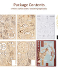 Package contents for Hands On 3D Wooden Ballista Launcher Kit For Adults DIY Puzzle Model Toy And STEM Project That Feels Like Real Mechanical Fun Built For Solo Or Team Play Mindful Crafting And Endless Replay Value, wood sheets and bands