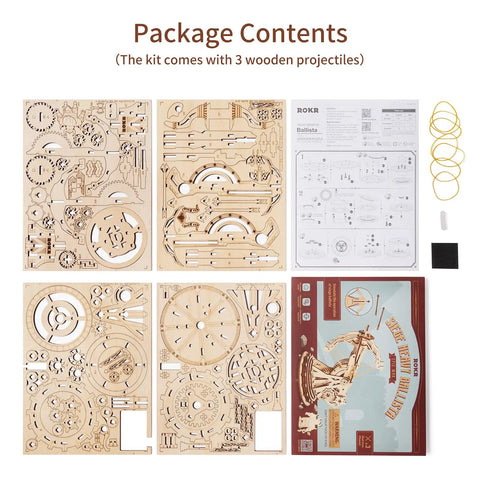 Package contents for Hands On 3D Wooden Ballista Launcher Kit For Adults DIY Puzzle Model Toy And STEM Project That Feels Like Real Mechanical Fun Built For Solo Or Team Play Mindful Crafting And Endless Replay Value, wood sheets and bands