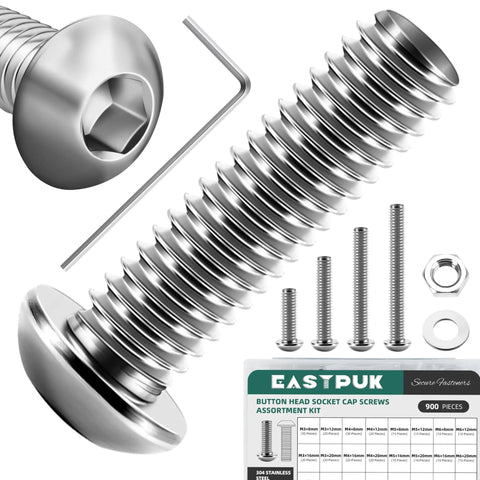 900 Piece Metric Screws And Bolts Set M3 M4 M5 M6 304 Stainless Steel Hex Socket Button Head Screws displayed with hex wrench