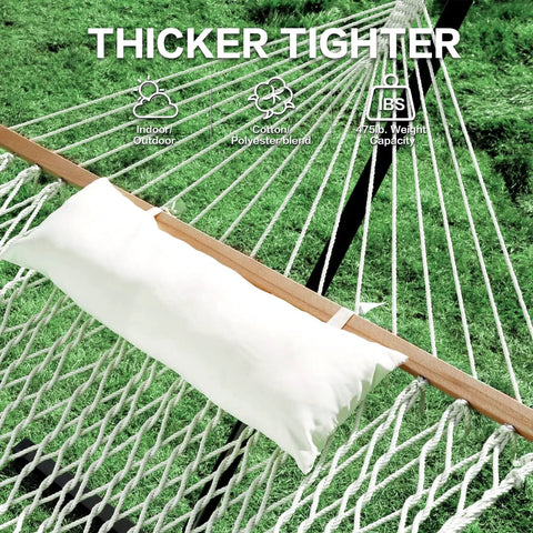 Double Rope Hammock With Stand Included, 12ft Heavy Duty Stand, 2 Person Traditional Cotton Rope Hammocks With Pillow