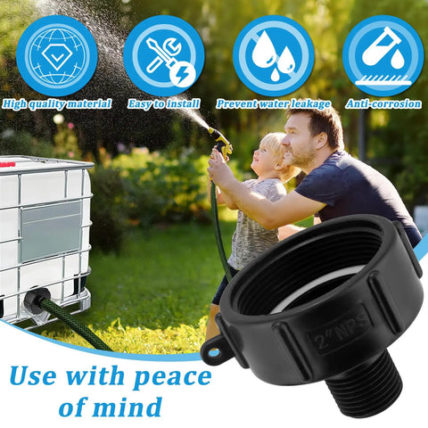 Durable 250 Gallon IBC Tote Water Hose Adapter With 2 Inch Fine Thread To Three Quarter Inch Male Garden Hose Fittings IBC Drain Adapter For Easy Water Transfer And Garden Setup, black 2-inch NPS adapter