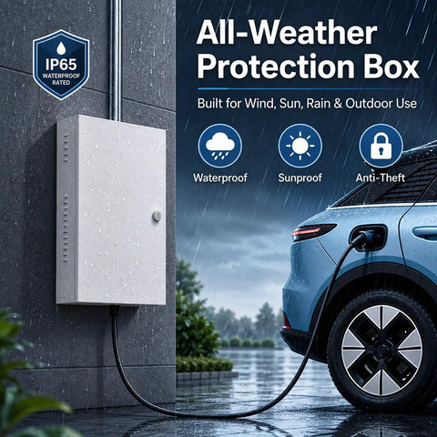 Tough As Nails Outdoor EV Charger Enclosure With Hella Secure Locking Steel Cabinet for wall mount use in rain.