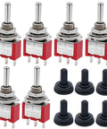 Image showing 6 red Mini Momentary Toggle Switch SPDT 3 Position On Off On Waterproof Cap with black caps, for car and boat use, model MTS-123-MZ.