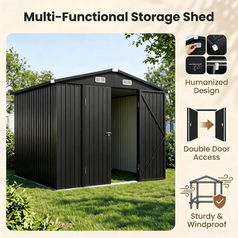 Beefy Heavy-Duty Metal Outdoor Storage Shed With Sloped Roof And Lockable Door For Patio, Lawn And Backyard, Black 10x8 Ft