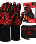 Ultimate BBQ Grill And Oven Gloves Heat Resistant To 1472F with flame design, storage case, and gift box, red and black color.