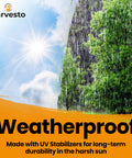 Weatherproof feature of the product with trees and sun in the background, labeled with UV stabilizers for durability by Harvesto.