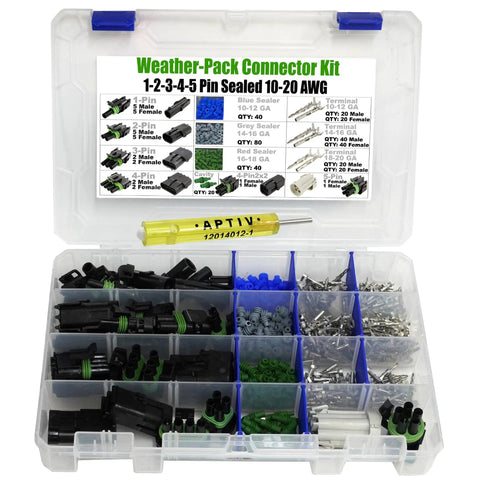 Super Durable 373 Piece Weatherpack Connector Kit With Removal Tool Male Female Terms And Housings In 1 To 5 Pin Configs For 20 Amp Wires 10 20 Gage Perfect For Any Auto Repair Job. open case with connectors and tool