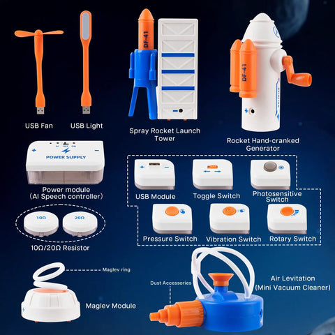Space Theme STEM Kit With Voice Control For Kids Ages 8 To 12, 300 Plus Projects, Hands On Electronics Circuit Lab, Advanced Edition, Rocket Launcher And Lights, Great Gift For Curious Builders components