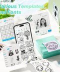 Portable Mini Sticker Printer With Three Thermal Rolls Compact Wireless Label Maker For Teachers And Craft Crews Dead Simple Setup showcasing various templates and fonts on a smartphone display.