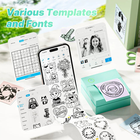 Portable Mini Sticker Printer With Three Thermal Rolls Compact Wireless Label Maker For Teachers And Craft Crews Dead Simple Setup showcasing various templates and fonts on a smartphone display.