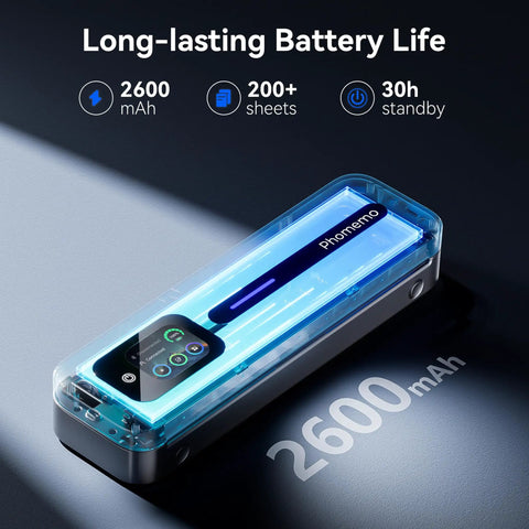 Upgraded Portable Wireless Printer With Touchscreen, Bluetooth Thermal Inkless M832D, shown with battery life specs, glowing.