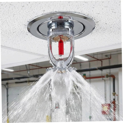 Heavy Duty Fire Sprinkler Heads Quick Response Activation At One Fifty Five Degrees Fahrenheit With One Half Inch Thread For Home And Commercial Buildings Tough As Nails Copper Crafted releasing water from ceiling.