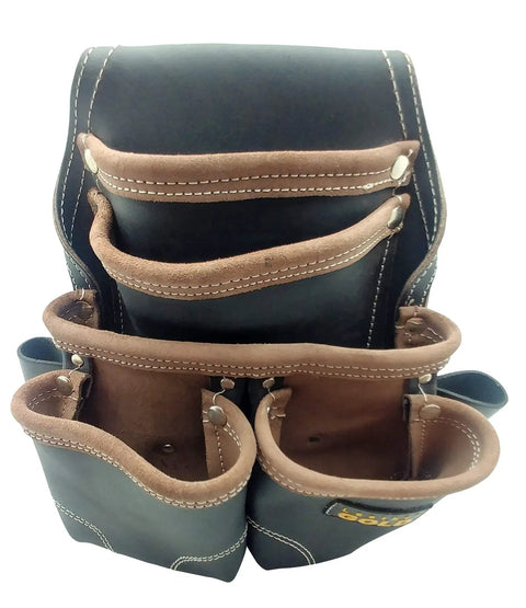 Heavy Duty Leather Nail Pouch With 5 Pockets, Oil Tanned Black Tool Belt Pouch For Carpenters with dual snap loops and reinforced seams