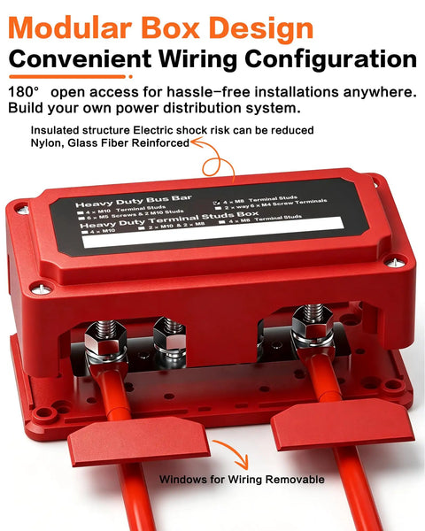 Built Tough 300A Waterproof Power Distribution Block With Four 5/16 M8 Terminal Studs Kickin High Current Bus Bar, red box design.