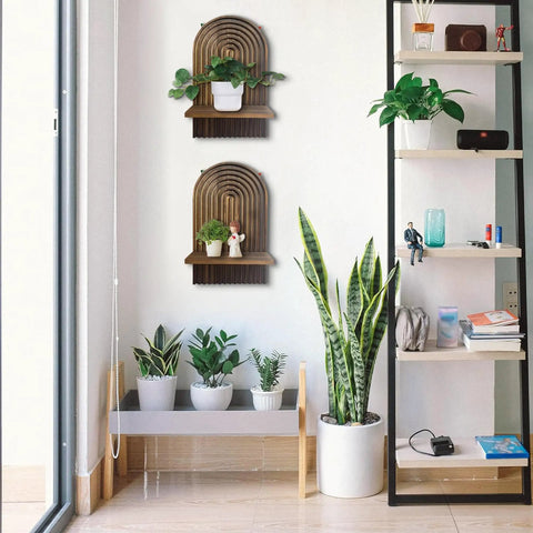 Set Of Two Boho Floating Wall Shelves For Cool Room Vibes And Rustic Display Space Featuring Dead Easy Mounting And Premium Solid Craftsmanship To Truly Level Up Your Decor Game with plants and decor.