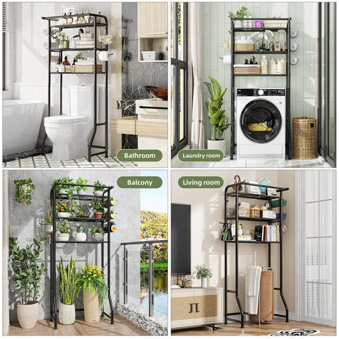 Over The Toilet Storage Cabinet Three Tier Metal Bathroom Shelf Organizer With Paper Holder And Hooks Black Finish in different rooms