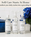 Go-To All Purpose Surface Cleaner No 247 Scent bottle next to dish soap and glass cleaner, on countertop with blue flowers