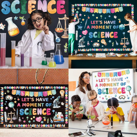 Science Bulletin Board Set For Classroom Decor 89 Pcs with Light Bulb Borders, science cutouts, and colorful lab theme.