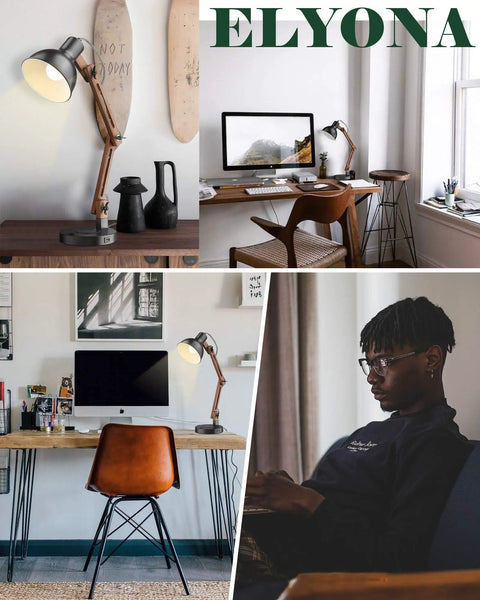 LED Desk Lamp With Wireless Charger And USB C Port Adjustable Swing Arm Sapele Wood Table Lamp on an office desk