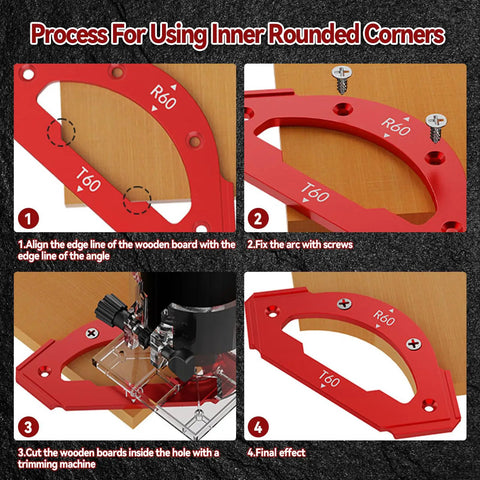 Premium Aluminum Router Corner Radius Template Set With Smack On Guidance For Smooth Outside Rounds showing steps for inner rounded corners.