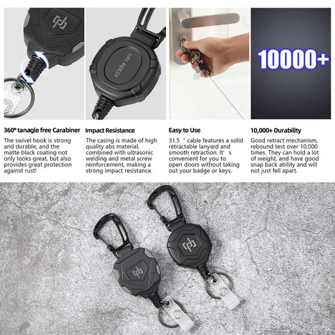 Two Pack Heavy Duty Retractable Keychain Carabiner Badge Holder Set With 32 Inch Steel Cord Tactical ID Badge Reel for quick access