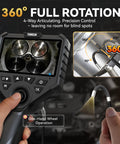4 Way Articulating Borescope With Light, 5 Inch HD Endoscope Camera With 6 Adjustable LEDs, 5 Foot Flexible Probe For Automotive Engine Inspections And Hard To Reach Areas showing 360° rotation and one-hand wheel control