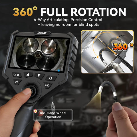 4 Way Articulating Borescope With Light, 5 Inch HD Endoscope Camera With 6 Adjustable LEDs, 5 Foot Flexible Probe For Automotive Engine Inspections And Hard To Reach Areas showing 360° rotation and one-hand wheel control