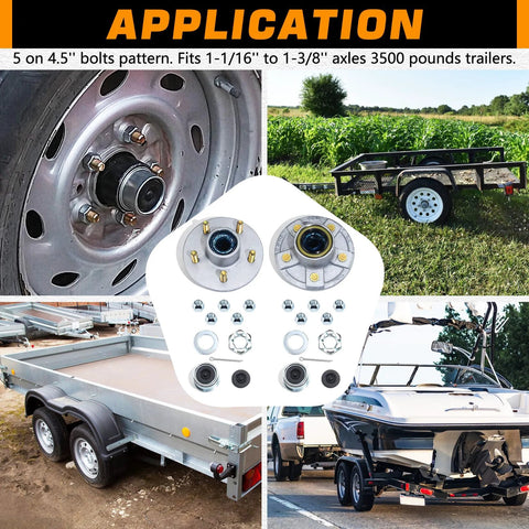 Two galvanized trailer hub kits for 5-on-4.5 bolt pattern on 3500-lb trailers, with prelubricated bearings