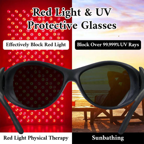 High End Red Light Therapy Goggles for Laser and Infrared Eye Safety with Side Shields and Brow Cover to Block LED Radiation and Keep Your Peepers Fresh so That Healthy Glow Vibe Keeps Rolling, shown against red light backdrop.