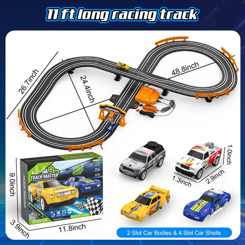 Epic Slot Car Race Track Set With Two High Speed Cars and packaging, dual lane layout, racing accessories displayed