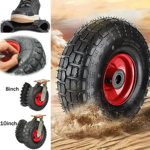 Heavy Duty Caster Wheels With Top Plate Swivel For Carts, rubber tread tires in sand, red metal hub, close-up view.