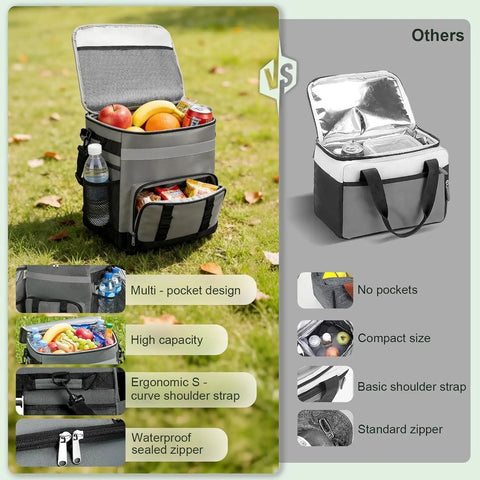 Comparison of a 60 Can Rolling Cooler Bag With Wheels Leakproof Insulated Soft Cooler and a standard cooler on a grassy field.