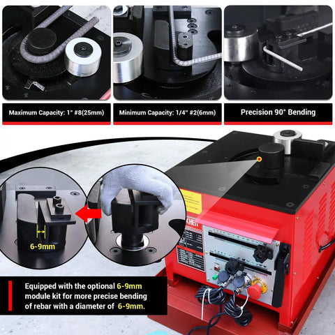 Lochen Electric Hydraulic Rebar Bender 1700W showing maximum and minimum capacity for bending steel rods and precision bending features.