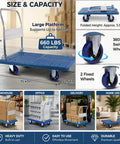 Heavy Duty Foldable Push Cart Dolly, 660 Lbs Moving Platform Truck with 360 swivel wheels and large blue platform.