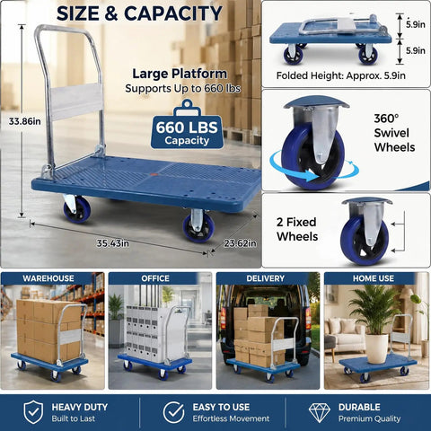 Heavy Duty Foldable Push Cart Dolly, 660 Lbs Moving Platform Truck with 360 swivel wheels and large blue platform.