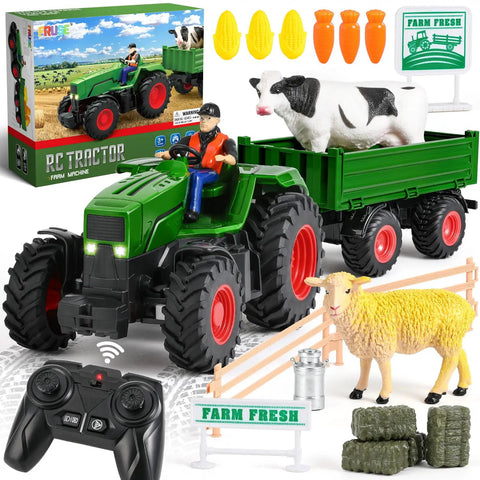 Remote Control Tractor Toy Set With Dump Trailer LED Lights Dual Rechargeable Batteries 2 4 GHz Controller And Farm Accessories